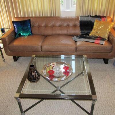 Gorgeous soft leather sofa in a mid-century style, modern contemporary metal & glass coffee & end tables