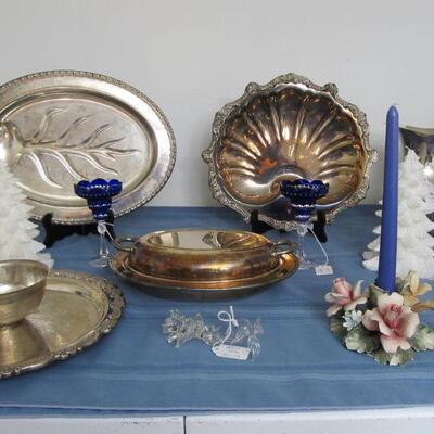Multiple vintage fine silver-plated serving pieces, exquisite crystal & cobalt candle holders, 