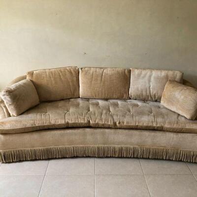 $500 Vintage 1970s Hollywood Regency chenile curved fringed sofa