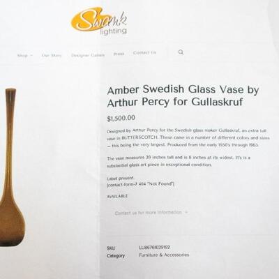Amber Swedish Glass Vase by Arthur Percy for Gullaskruf
$950