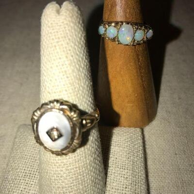 10 K ~ Mother of pearl ,diamond and great Brazilian Opals ~These are both vintage rings 