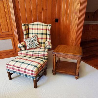 plaid wing chair with ottoman $150