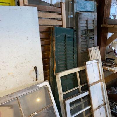 Assortment of Turn of the Century Glass Windows in Wooden Frames. Wooden Shutters 