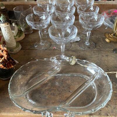 Set of Ten Heisey Glass Stemware & Larit Glass Divided Dish.