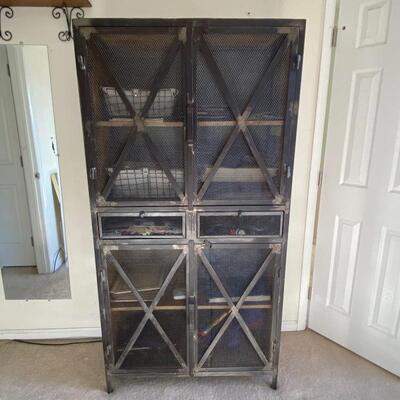 Industrial Style Cabinet With Steel Mesh And Solid Wood 
