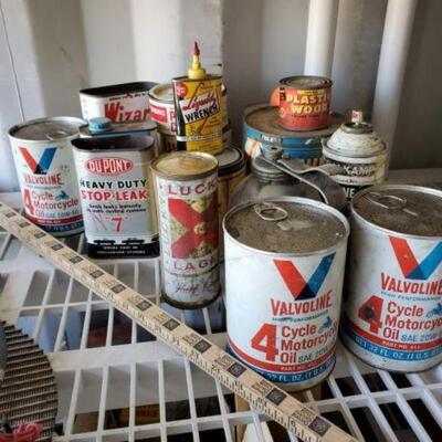 #1522 â€¢ Vintage Oil Cans And More Includes Yard Stick, Valvoline Cycle Motorcycle Oil, Liquid Wrench, Plastic Wood, and More