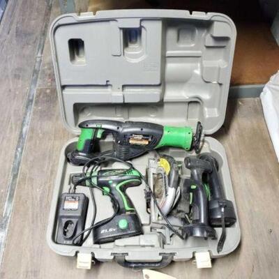 #2612 â€¢ Kawasaki 21.6v Power Tools in Original Case Includes Drill, Flashlight, Saw, and More.