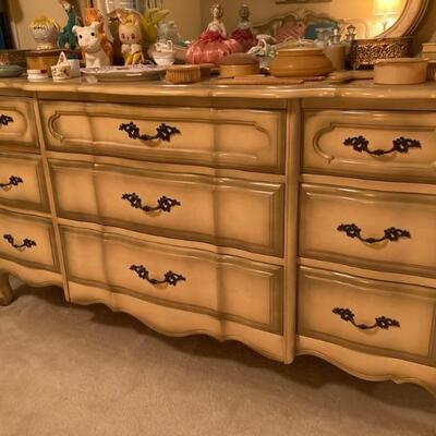 1950â€™s â€¢ French Provincial â€¢ Nine Drawer Dresser â€¢ 64â€w x 21â€d x 32.5â€h â€¢ 525 US (includes mirror) 