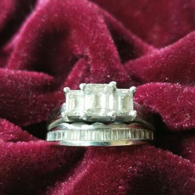 Emerald Cut Diamond Ring Set- Large Stone apx 3/4 carat (3 emerald cut diamonds apx 1.5 carats) Set in 14k White Gold