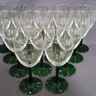 (14) Green Stem Wine Glasses with Clear Bowls