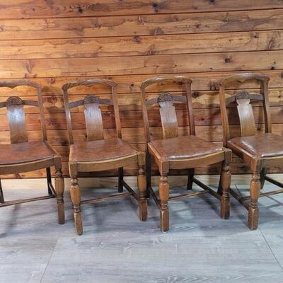(4) Antique Solid Oak/Leather Seat Jacobean Chairs