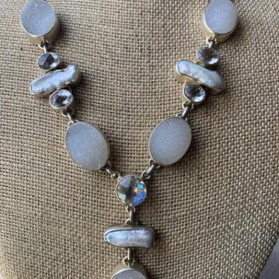 Sterling Silver Necklace with Biwa Pearls, Druzy