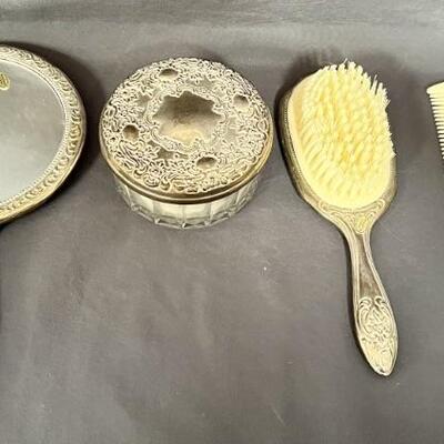 4-Piece Silver Plate Vanity Set: Brush, Comb, Hand Mirror, & Powder Box with Puff