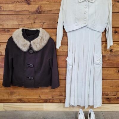 (3) Vintage Clothing: Shoes Size 8.5, Small Dress
3-Piece Skirt Suit is Small or X-Small