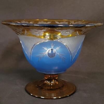Bohemian Amber & Blue Cut to Clear Candy Dish