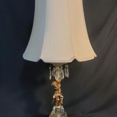 VIntage Gild Gold Cupid & Crystal Prism Table Lamp