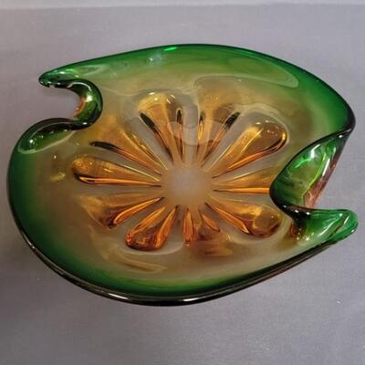 Murano Blown Green Art Glass Bowl w/ Yellow Flower