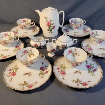 (16) Teaset: 12-Lefton Hand Painted China Tea
Plates & Cups, 1- Electric Teapot (no maker), 2- Mismatched Cream & Sugar (Moss Rose...