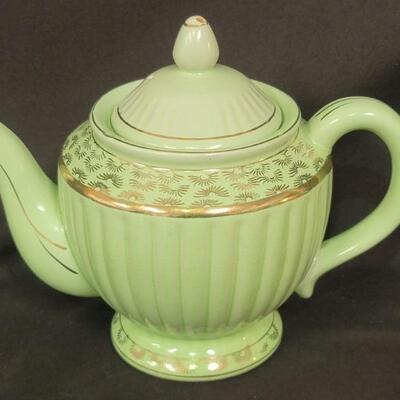 Vintage Green Ceramic Teapot with Gold Trim