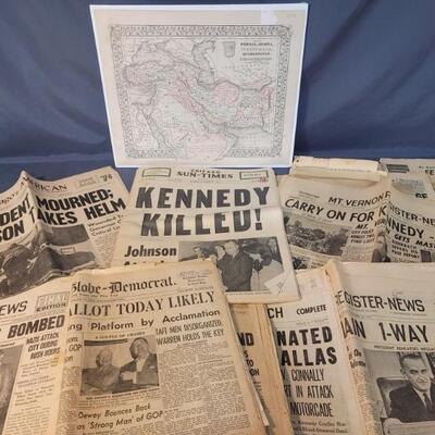 Newspapers re. Kennedy Assassination & A Map of Afghanastan
