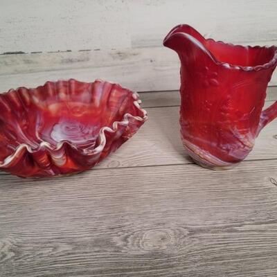 (2) Imperial Red Slag Glass: 1- Windmill Pitcher +
1- Bowl - Red Flame Orange Slag Glass Ruffle Bowl with Embossed Rose