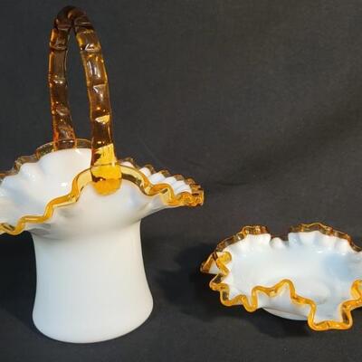 (2) Fenton Gold Crest: Handled Hat Vase/Basket & Crimped Edge Bowl