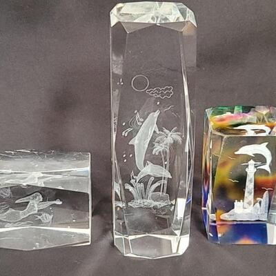 (3) Glass Paperweights, 2 Dolphins & a Mermaid