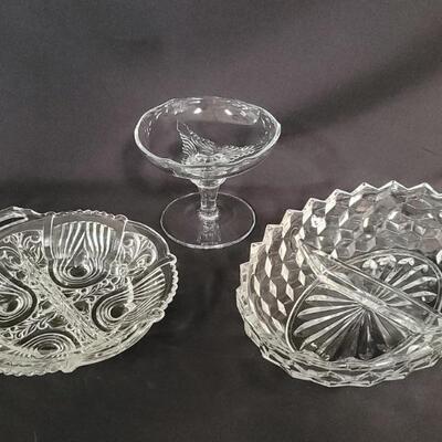 (3) Glass: Vintage Divided Fostoria Bowl, Footed
Dessert, & Divided & Handled Patterned Bowl