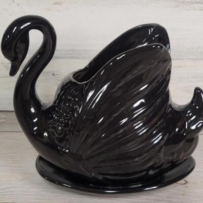 Vintage Ceramic Black Art Deco Swan, Korea