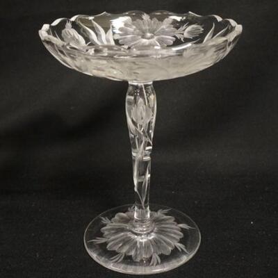 1075	SIGNED TUTHILL CUT GLASS COMPOTE W/FLORAL DESIGN, 9 IN HIGH
