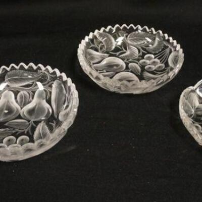 1085	3 CUT GLASS CANDY DISHES, W/FUIT DESIGN, LARGEST IS 6 IN DIAMETER
