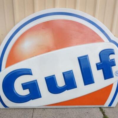 1178	VINTAGE GULF GAS STATION SIGN, HALF SHELL PLASTIC BACKLIT SIGN. 84 IN X 58 IN H 
