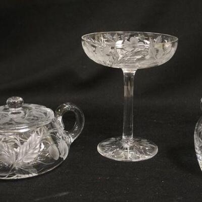 1083	3 PIECES CUT GLASS, INCLUDES 2 SMALL COVERED DISHES & SMALL COMPOTE, 6 1/2 IN W/FRUIT & FLORAL DESIGNS
