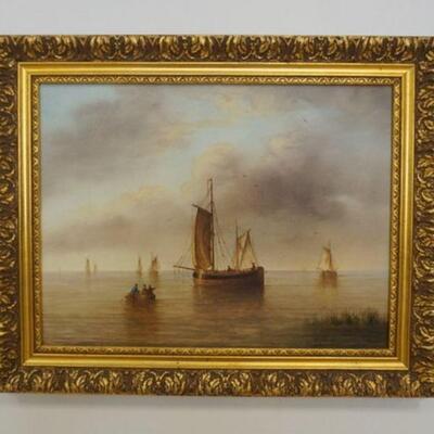1135	CONTEMPORARY GILT FRAMED SIGNED PAINTING OF SAILING SHIPS, APPROXIMATELY 16 IN X 19 1/4 IN OVERALL

