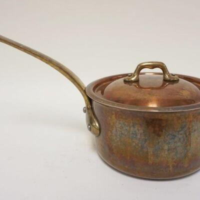 1023	MAUVIEL FRENCH COPPER COOKWARE, BRASS HANDLED POT W/LID, APPROXIMATELY 13 IN X 4 IN HIGH
