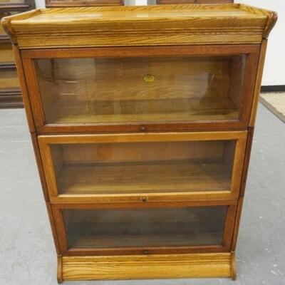 1108	OAK SECTIONAL BARRISTER BOOKCASE, 3 SECTIONS, CUSTOM MADE BASE & TOP CAP, APPROXIMATELY 35 IN X 14 IN X 49 IN HIGH
