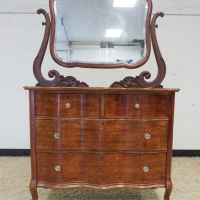 1006	ANTIQUE MAHOGANY SERPENTINE FRONT CHEST, 4 DRAWERS W/BEVELED EDGE MIRROR, 42 IN X 23 IN X 70 IN HIGH
