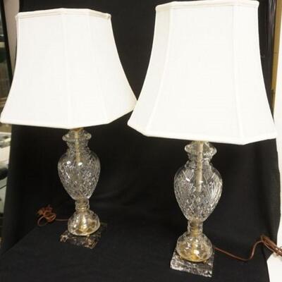 1050	PAIR OF ORNATE GLASS TABLE LAMPS ON MARBLE BASES, 31 IN HIGH
