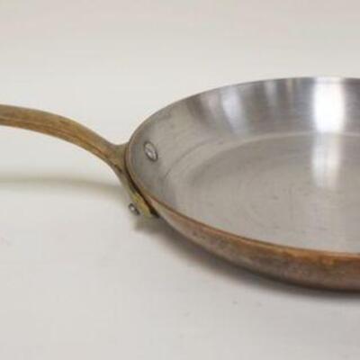 1028	MAUVIEL FRENCH COPPER COOKWARE BRASS HANDLED PAN APPROXIMATELY 18 3/4 IN X 1 3/4 IN HIGH
