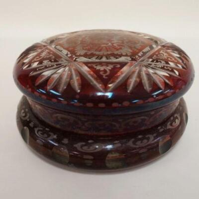 1152	ORNATE RUBY STAINED CUT TO CLEAR GLASS POWDER JAR, SOME WEAR ON BASE
