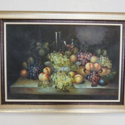 1134	LARGE FRAMED STILL LIFE PAINTING, SIGNED, APPROXIMATELY 32 IN X 44 IN
