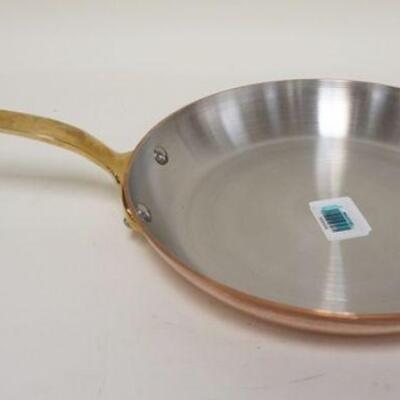 1021	MAUVIEL FRENCH COPPER COOKWARE, BRASS HANDLED PAN, APPROXIMATELY 18 3/4 IN C 1 3/4 IN HIGH
