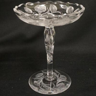1076	SIGNED TUTHILL CUT GLASS COMPOTE W/FLORAL DESIGN, 9 IN HIGH

