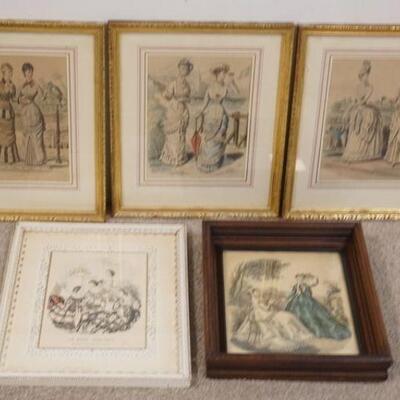 1098	5 FASHION PRINTS, 3 IN MATCHING GOLD FRAMES, ONE IN WALNUT VICTORIAN FRAME
