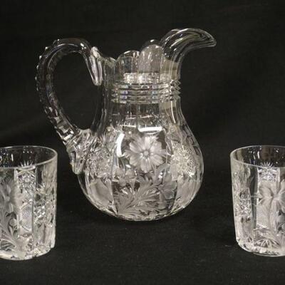 1064	SIGNED TUTHILL CUT GLASS PITCHER & 2 MATCHING TUMBLERS W/FLORAL DESIGN
