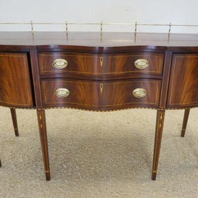 1119	HENKEL HARRIS MAHOGANY SERVER HAVING  A BRASS GALLERY ON TOP W/2 INLAID DOORS & INLAID DRAWERS, APPROXIMATELY 66 IN X 26 IN X 39 IN

