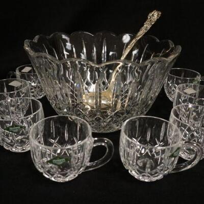 1149	SHANNON CRYSTAL IRISH PUNCH BOWL SET W/9 CUPS & SILVERPLATE LADLE, BOWL IS APPROXIMATELY 12 IN X 7 IN
