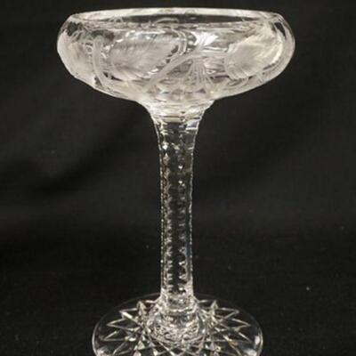 1074	CUT GLASS COMPOTE (TUTHILL?), VINTAGE PATTERN, NO SIGNATURE VISIBLE, 9 IN HIGH
