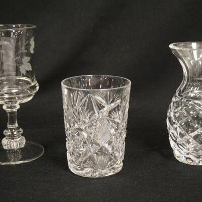 1087	3 PIECES OF GLASS, CUT GLASS TUMBLER, BUD VASE & GOBLET W/MAPLE LEAF ETCHING
