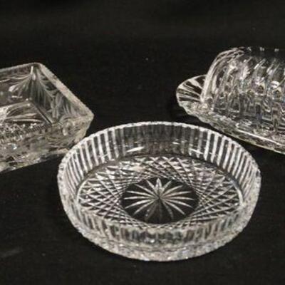 1086	3 PIECES GLASS INCLUDING TUTHILL, INCLUDES BUTTER DISH, SMALL ROUND DISH & SIGNED TUTHILL PRIMROSE DISH
